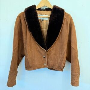 Brown 100% Real Suede Jacket with Faux Fur Collar XS